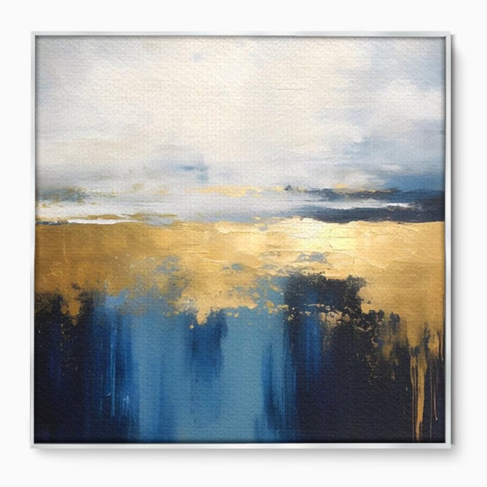 Tablou canvas cu pictura abstracta cu tonuri aurii si albastre, in rama de aluminiu argintiu